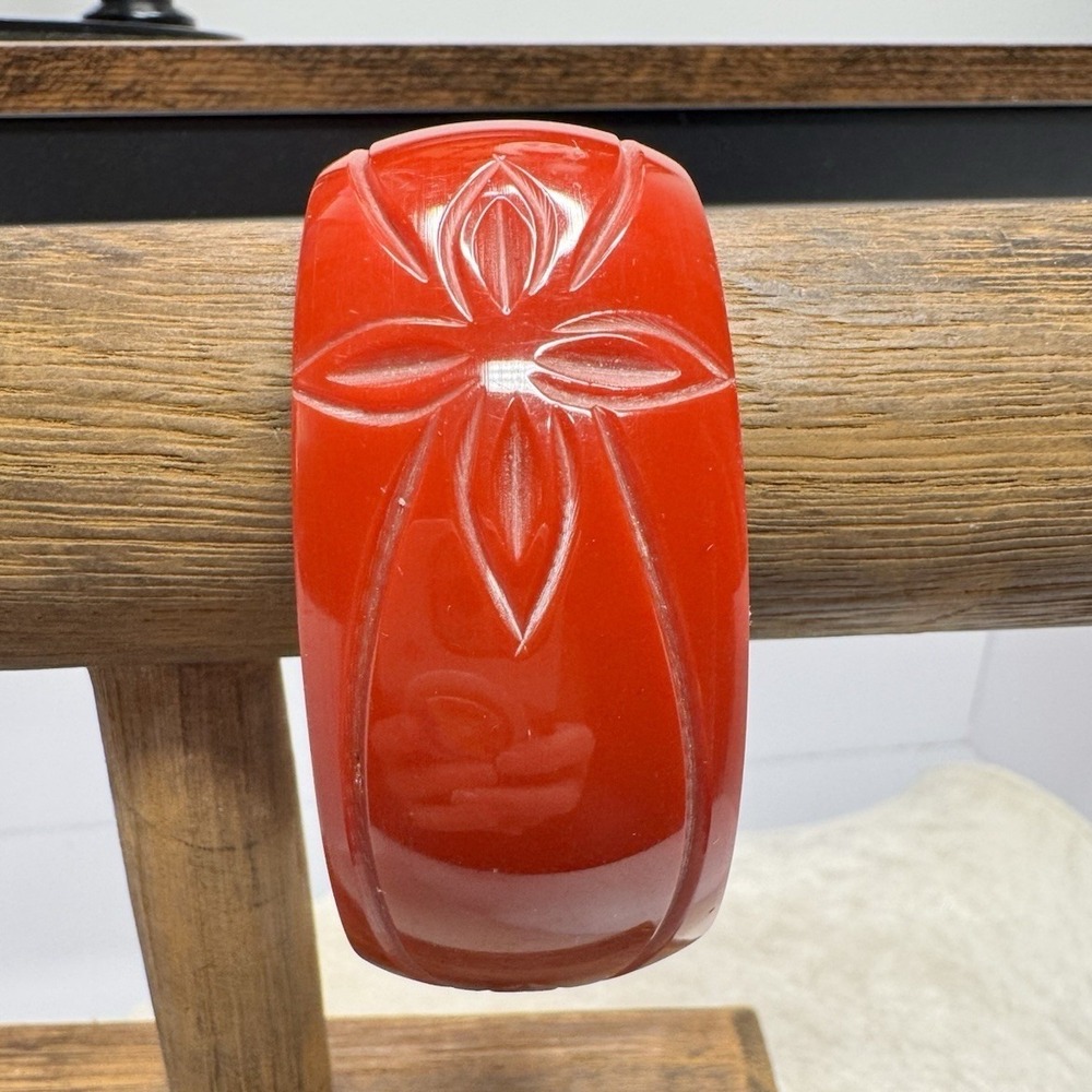 Vintage Carved Red Floral Bangle Bracelet Chunky Wide Domed Statement Jewelry